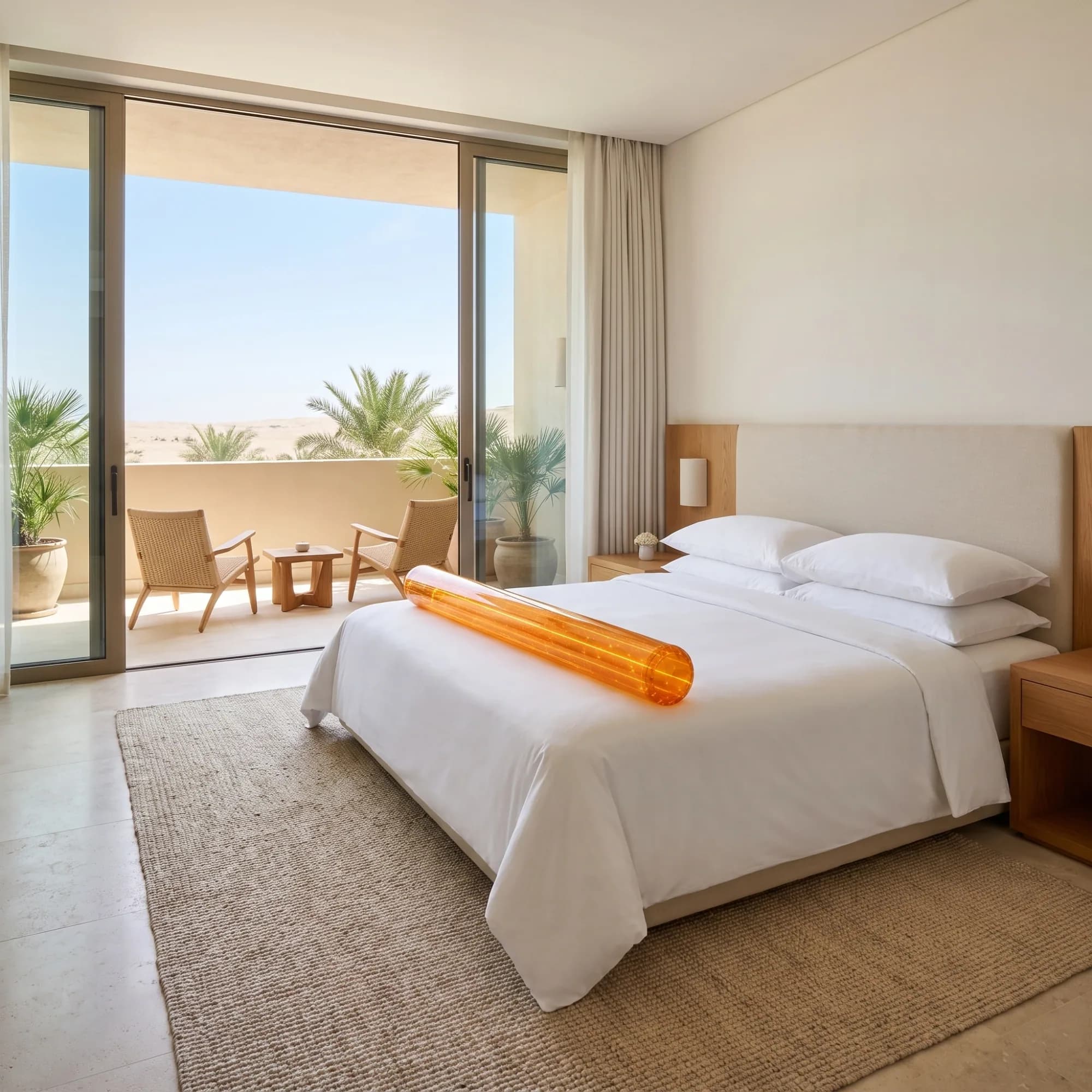 A resort suite with the Sand Castle Premium Noodle laid across the bed